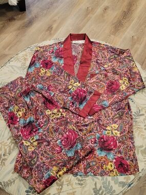Women’s Floral Paisley Satin Pajama Set with Wine Trim